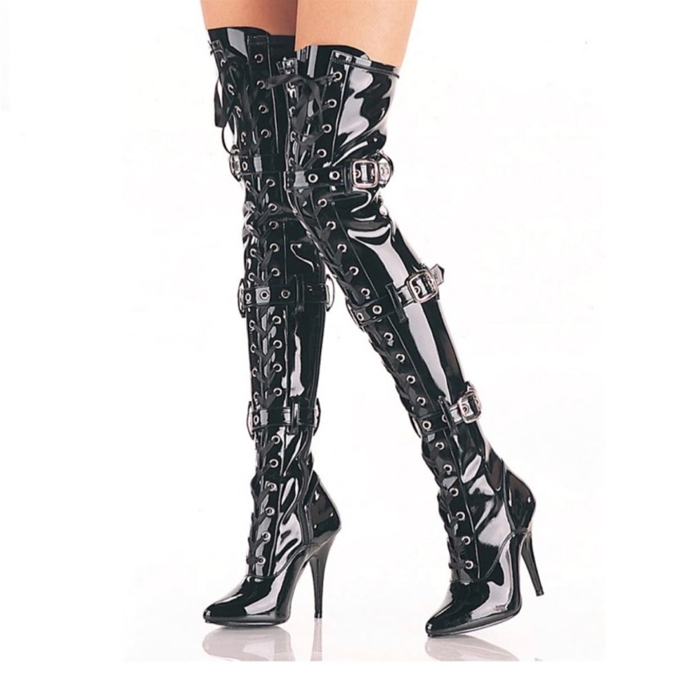 Pleaser-3028 Seduce Lace Up Thigh High Patent Boots